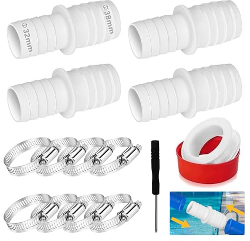 4PCS Poolschlauch Adapter 32mm auf 38mm,Schlauchverbinder,Schlauchadapter mit 8 Schlauchschellen 1 Schraubendreher 1 PTFE-Band Für Ø 32 Und 38 Mm Pool-Schlauch