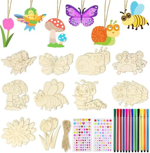 45 Stück Holz Bastelsets Kinder,Basteln & DIY Schmetterling Blume Insekt Holzbastelsets für Kinder,Basteln Kindergeburtstag Schmetterling mit Filzstifte Edelsteinaufkleber,Holzanhänger zum Bemalen