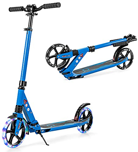 GOPLUS Klappbarer Roller, Scooter mit Stoßdämpfersystem, Tretroller höhenverstellbar, 200 mm Große Räder mit LED, Cityroller bis 100 kg, ab 8 Jahren