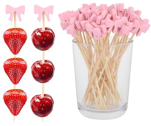 100 pezzi Stuzzicadenti da Cocktail a Forma di Fiocco Rosa, 12,3cm Graziosi Stuzzicadenti in Legno Spiedini di Frutta per Antipasti Bevande per Compleanni, Matrimoni Baby Shower Articoli Feste