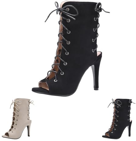 Botas de Baile Latino Mujer Zapatos Tacón Alto Botines de Baile Botas Heels Dance Shoes Punta Peep-Toe Gladiador Romanas Zapato con Cordones Cómoda Flexible Tobillo Transpirable de Malla Bailes