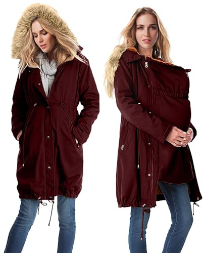 YIzdegg Giacca con inserto per neonato, giacca porta-bebè, giacca premaman in pile con collo in pelliccia, giacca di cotone, calda moda premaman invernale 3 in 1, giacca da gravidanza con tasche e