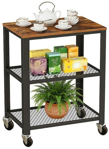 Relaxdays Küchenwagen, 3 Ebenen, Holzoptik, Rollwagen Küche, Haushalt & Büro, HBT: 77,5x60x40 cm, Metall, braun-schwarz