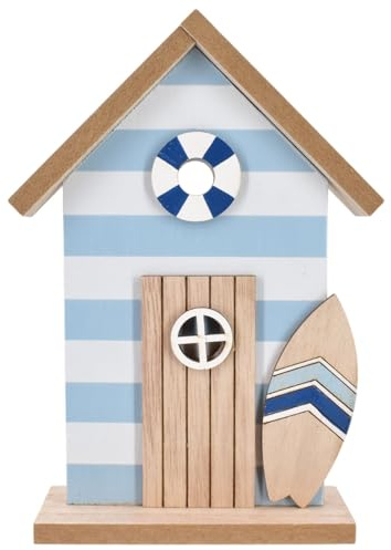 Beach Hut Ornament | 20cm Nautical Wooden Beach House Coastal Shelf Decoration with Surfboard & Life Ring