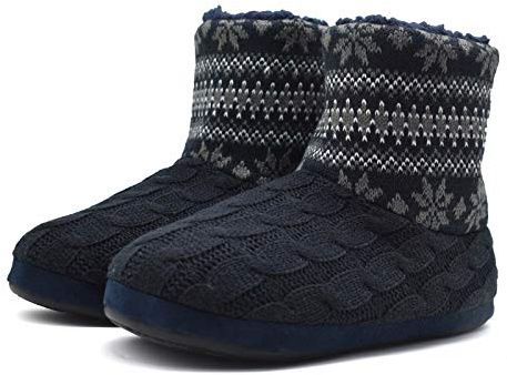GPOS Knit Rock Faux Wool Warm Men Indoor Pull on Cozy Memory Foam Slipper Boots Soft Rubber Sole Black-Grey