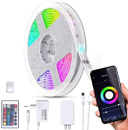B.K.Licht ruban LED connecté, 5m, Smart LED Stripe, réglable via App, Smartphone contrôle, contrôle vocal, câble USB, auto-adhésif, blanc, livré avec télécommande
