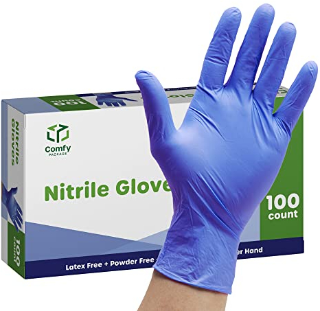 Comfy Package [100 Count Blue Nitrile Gloves, Disposable Gloves - 4 Mil, Latex & Rubber Free, Non-Sterile Powder Free Gloves - Large