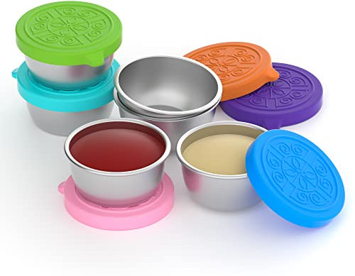 VOLCANOES CLUB Salad Dressing Container To Go - 6×1.5oz Mini Stainless Steel Food Storage Condiment Containers with Silicone Lids - Small Sauce Cups for Lunch Box - Leakproof Reusable Work School