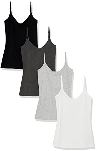 Amazon Essentials Damen Slim-Fit Knit V-Neck Layering Cami (erhältlich in Übergröße), 4er-Pack, Schwarz/Kohlegrau Meliert/Hellgrau Meliert/Weiß, Medium