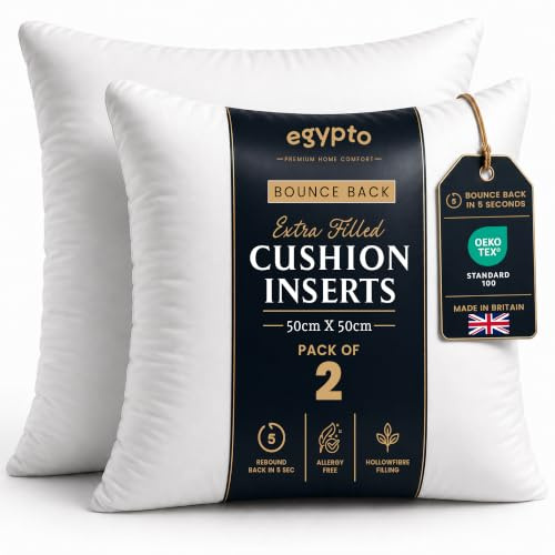 EGYPTO Pack of 2 Cushion Inserts 50cm x 50cm | Plump Bounce Back 20x20 Inch Cushion Inserts | Hypoallergenic Throw & Sofa Pillows Inner | Made in UK