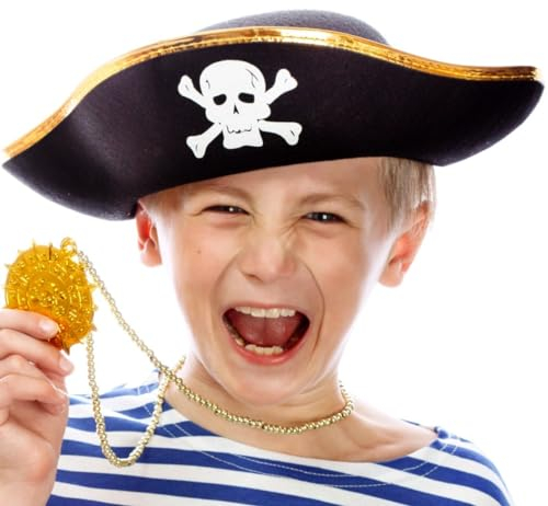 Hatstar Kinder Piratenhut schwarz | mit goldenem Rand & Totenkopf | Accessoire für das Kostüm zum Pirat | für Jungen & Mädchen | Kopfbedeckung zu Karneval & Fasching