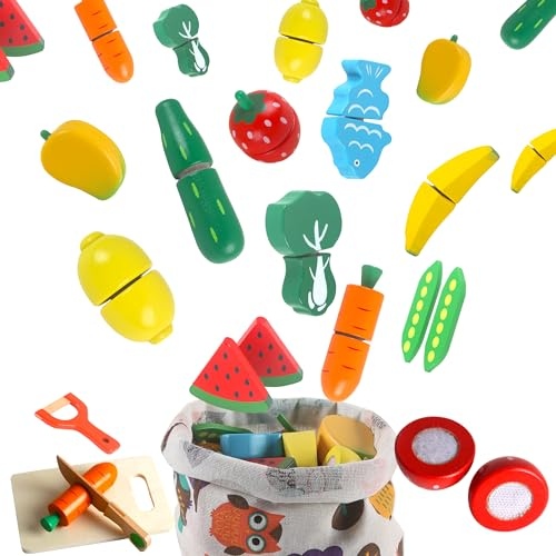 newlng Giocattoli di Legno Taglio Frutta e Verdura Accessori Cucina Bambini Giocattolo Educativo Gioco Ruolo Regalo Compleanno Giornata dei Bambini 2 3 4 anni