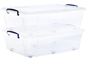 Superio Under Bed Storage Containers with Wheels (2 Pack), Flat Clear Storage Bin Stackable Large Storage Latch Box with Lids Store Cloths, Bedding, Linen, For Under The Bed, Garage, Home