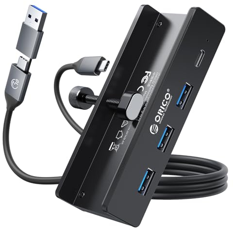 ORICO USB Hub, Aluminum USB 3.0 Hub Clip mit 5V Stromversorgungsanschluss, 5Gbps 4 Port USB Verteiler mit 3 Typ-A 3.0 und 1 Typ-C 3.0, 100cm Kabel (C auf A/C), für Monitoren, Schreibtischen