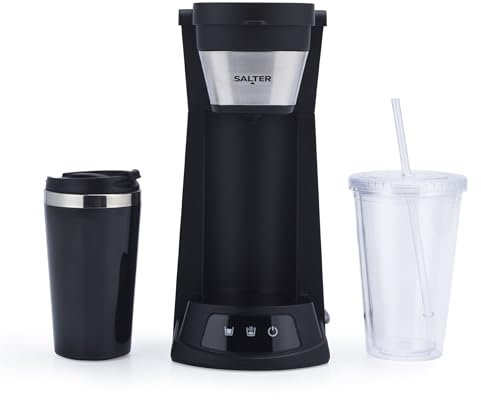 Salter EK6214 2 in 1 Iced Coffee Maker – Cold Brew Espresso Machine, Hot or Cold Function, Includes 420 ml Travel Mug and 440 ml Plastic Cup with Straw, Ground Coffee/Pads, Reusable Mesh Filter, 700W