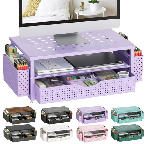 gianotter Organisateurs de bureau et accessoires, support de moniteur avec tiroir et 2 porte-stylos, accessoires de bureau, support d'ordinateur pour bureaux et dortoirs (violet)