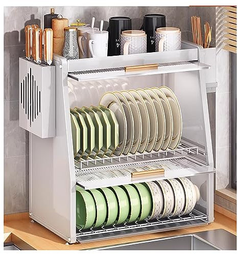 Abtropfgestell aus Edelstahl, 2 Etagen, für Küchentheke, platzsparend, abgedeckt, modernes Design