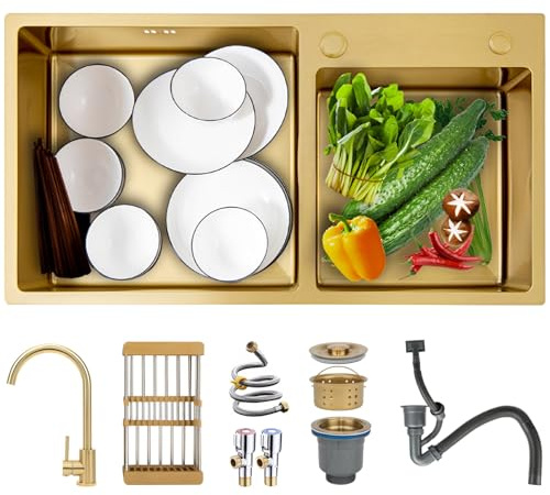 Fregadero Cocina 75x40cm,fregadero de cocina dorado,Fregadero de acero inoxidable 201,fregadero cocina con escurridor y sifón,fregadero de cocina,2 fregadero empotrado