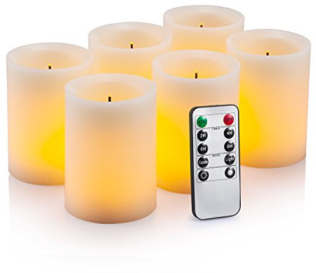 Enpornk Flameless Flickering LED Candles 3 X 4 with 10-Key Remote Control Timer Classic Pillar Optical Fiber Wick Real Wax Battery Operated Candles, Ivory Color, Set of 6