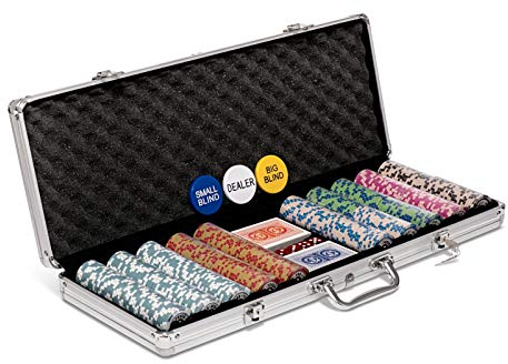 Poker Night Pro Texas Holdem Pokerchips, 500 Stück, mit Aluminium-Pokerkoffer, nummerierter Chip, 14 g, 2 professionelle Kartenspiele aus Kunststoff, Knöpfe und 5 Würfel