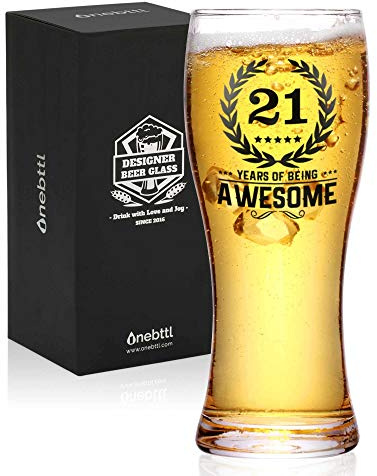 Onebttl 21st Birthday Gifts for Boys, Men or Him - 21 Years of Being Awesome - 450ml/15oz Beer Glass - 21 Years Old Birthday Beer Glass Gifts for Son, Grandson, Nephew or Boyfriends