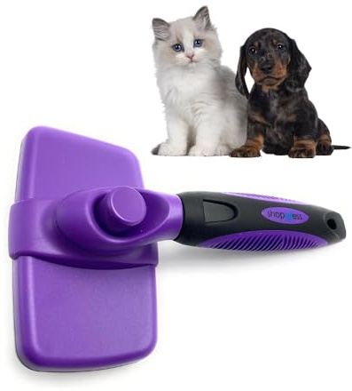 ShopINess Cepillo para Perros Gatos y Mascotas Cepillo de Auto-limpieza Ideal para Pelaje Mediano Elimina Pelo Suelto Nudos Caspa y Suciedad Mango Ergonómico y Púas de Acero Inoxidable (Lila)