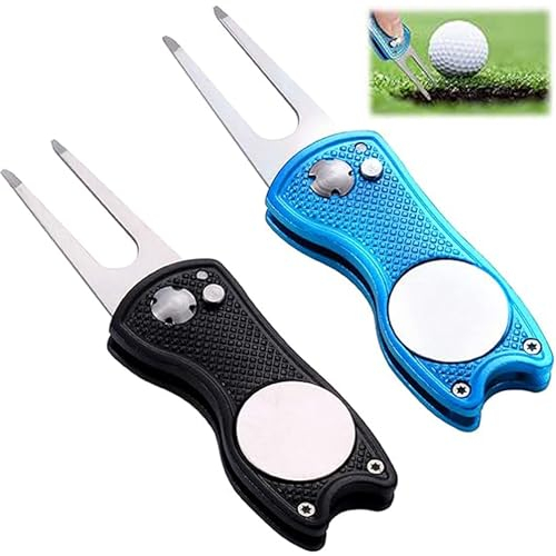 FGXY 2 Pièces Fourchette De Golf, Golf Releve-Pitch Outil Pliable, Outils De Divot De Golf Pliable En Métal Avec Marqueur De Balle Magnetique, Fourchette De Golf Réparation Pliable, Avec Marqueur Ball