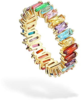 Michooyel Anello Eternity Arcobaleno Anello a fascia per Donna Ragazza Anello Eternity Placcato in Oro 18K Baguette Multicolor con Zirconi Cubici