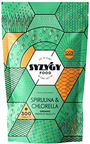 SYZYGY FOOD - Zertifizierte Bio Chlorella und Spirulina - 300 Tabletten mit je 500mg - DETOX - Vegan - Pflanzliches Eiweiß - Sättigend - Vitamine - Mineralien - Eisen - Zertifizierte Bio Qualität