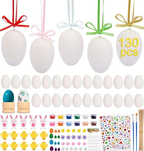 HAUSPROFI 50 Pcs Ostereier Deko Eier aus Kunststoff Weiß, Acrylfarbe, Osterhasen Küken Sticker, Bambusstock, Bunte Band und Plastik Eieraufhänger, fürs Osterdekoration, Bemalen und Aufhängen