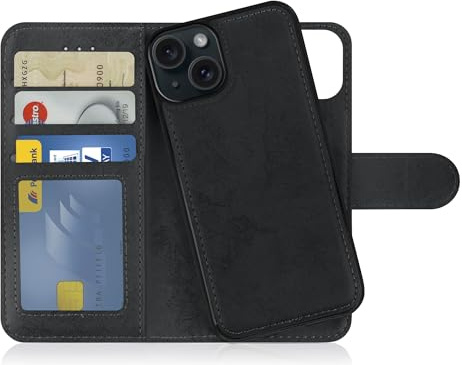 MyGadget Flip-fodral för iPhone 15 - [avtagbart magnetfodral] - mobilfodral av konstläder - [flipfodral med kortplats] skyddsfodral i svart