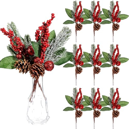 Boao 12 plettri artificiali glitterati di pino innevato, con agrifoglio, bacche rosse, pigne, per Natale, artigianato, feste, decorazioni per la casa (stile con paillettes glitterate, 28 cm)
