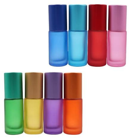 ANCLLO 5 ml Botellas de Vidrio Roll-On Paquete de 8 para Aceites Esenciales Perfumes Botellas Roll-On Multicolores con Bolas
