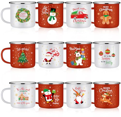 Mifoci 12-teiliges Weihnachts-Kaffeetassen-Set, Emaille, Lagerfeuer, Weihnachtsbecher, 340 ml, Kinderbecher, Tassen für Schokolade, Kakao, Urlaub, Frauen, Kollegen, Weihnachtsgeschenk (stilvoll)