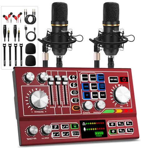 Hayner-Seek Podcast Equipment Bundle for 2, ALL-IN-ONE Audio Interface DJ Mixer With 3.5mm XLR Condenser Microphone for Living Streaming,Recording,Gaming,TikTok,YouTube,PC,Smartphone (Red)