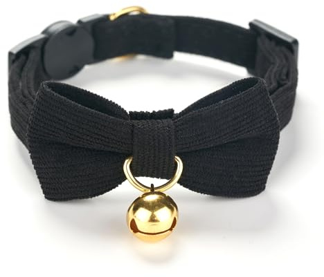 YUDOTE Ultra-weiches Halsband aus natürlichem Baumwollcord für Katzen mit empfindlicher Haut, leichtes Kätzchenhalsband mit Schnellverschluss und Abnehmbarer Schleife, Schwarz, 1er Pack