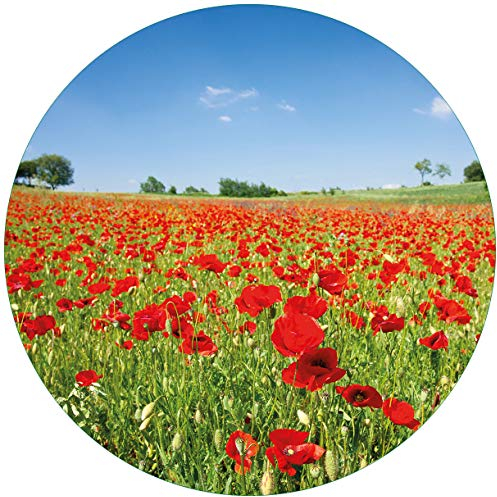 Wallario Glasbild rund Mohnblumenfeld- rote Blumen unter blauem Himmel - Rund, 50 cm Durchmesser Wandbild Glas in Premium-Qualität: Brillante Farben, freischwebende Optik