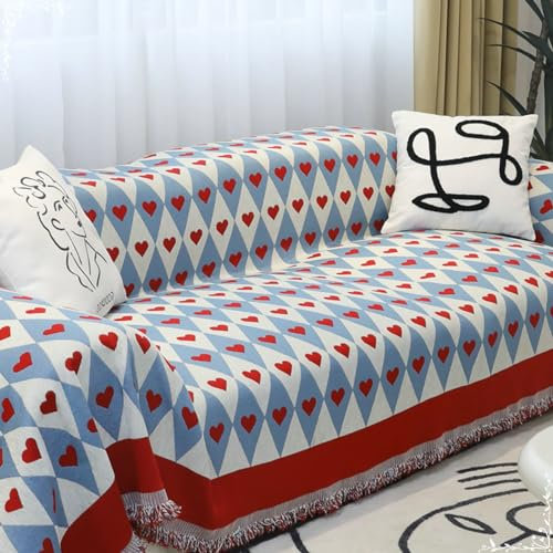 AMDXD Überwurfdecke, Herz Muster mit Quaste Ecksofa Bezug Decke, Kratzfester Sofaschoner in Chenille für Wohnzimmer Protector & Hunde Haustiere - 180x130CM, Blau