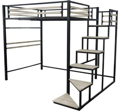 Habitat et Jardin Cama Alta de Metal con escaleras Lena - 140 x 200 cm - Negro