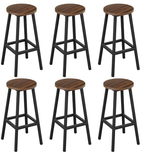 Klihome Barhocker 6er Set, Barstühle mit Metallgestell, Bar Hocker rund, Küchenstühle mit Fußstütze, Tresenhocker 150 kg belastbar, für Bar Kücheninsel Esszimmer, Dunkle Eiche, K0009BH-6