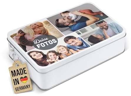 PR Print Royal Geschenkdose zum selbst gestalten mit Foto-Collage für 4 Fotos - Blechdose bedrucken, Personalisierte Keksdose - Geschenk zur Hochzeit, Geburtstag, Weihnachten | Rechteckig weiß, 450 ml