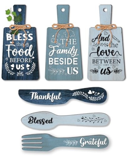 PH PandaHall 6pcs Kitchen Wall Decor Bless Food Sign Set Wall Table Accessories Wooden Pendant Decorations Mini Plaque Fork Spoon Shape Sign Rustic Style Home Dector Blue, 11x5.5 inch/11.8x2 inch