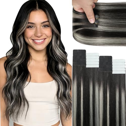 Lacer Grey Tape in Hair Extensions Human Hair Highlight Natural Black to Silver Color Balayage Grey Hair Extensions Tape in 16 Inch 20pcs/50g