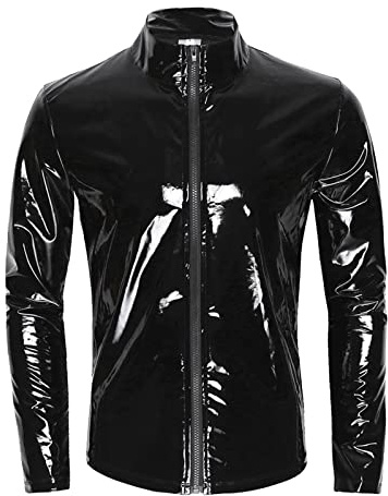 YOSUWOAI Hombres Sexy Shiny Wetlook Chaqueta de Cuero Brillante PVC Abrigo Tops Slim Fit Cuero Sintético Camisa de látex Fiesta Outwear PU Clubwear con Cremallera Fitness Camiseta Muscular, O negro.,