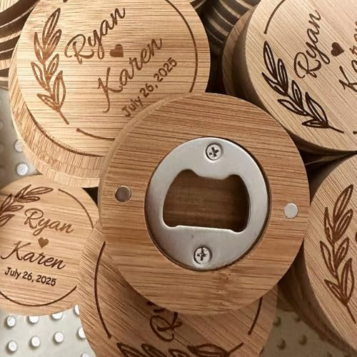 Apribottiglie Rotondo Rustico Personalizzato In Legno For Gli Sposi, Magnete For Frigorifero Personalizzato, Data Incisa, Nomi, Regalo For Eventi(50psc)