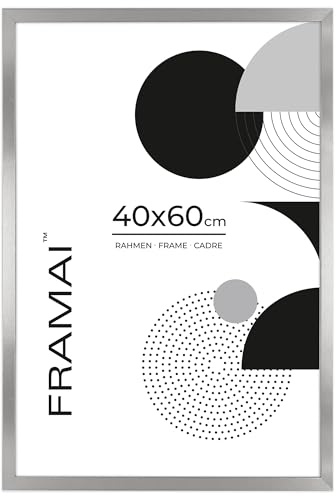 FRAMAI® Bilderrahmen 40x60 cm Silber MDF Umweltfreundlichem Rahmen mit Bruchsicheren Plexi, Aufhänger und Aufsteller