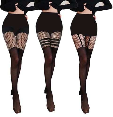LUMOOM 3 Paar Schwarze Damen Netzstrumpfhosen mit Muster, Halterstrumpfhosen für Frauen, Oberschenkelhohe Strümpfe, Sexy Netzstrümpfe für Cosplay