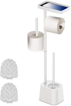 Relaxdays Piantana Portarotolo e Portascopino da Bagno, Porta Rotoli Carta Igienica, 65,5x29x11,5 cm, Acciaio, Bianco