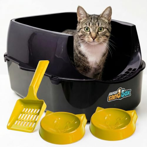 Cat Litter Tray Large with High Sides – Open Top Litter Box for Cats, Complete Kit with Scoop & 2 Feeder Bowls (Black)