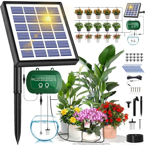 Onherm Riego Automático Solar, Sistemas de Riego Solar con 12 Modos de Temporizador y Tubo de 15 m, Riego por Goteo Solar para Jardín, Balcón y Plantas de Exterior en Maceta